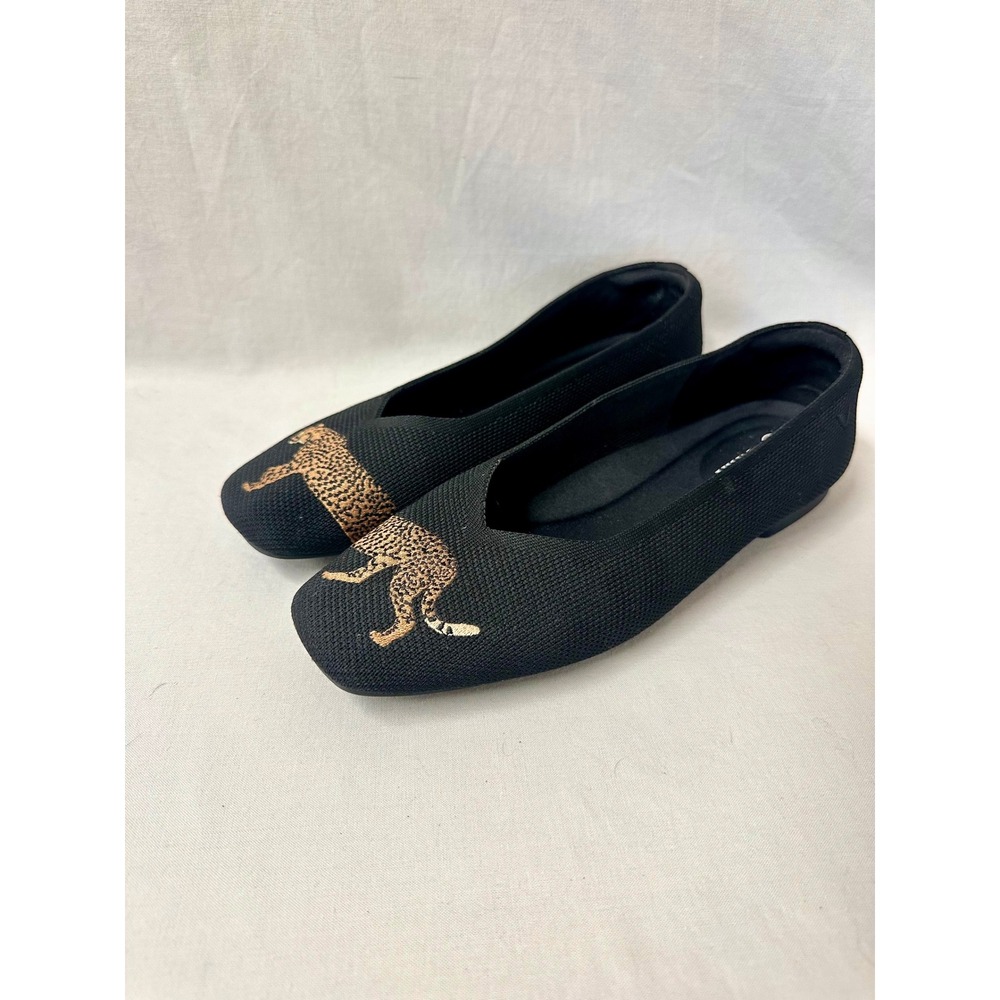Vivaia Audrey Black Knit Cheetah Leopard Embroidered‎ Square Toe Flats Size 39.5